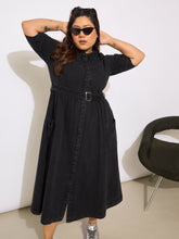 Black Tencel Front Button Midi Dress-SASSAFRAS Curve