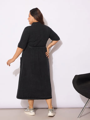 Black Tencel Front Button Midi Dress-SASSAFRAS Curve