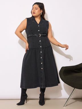 Black Tencel Front Open Sleeveless Flared Dress-SASSAFRAS Curve