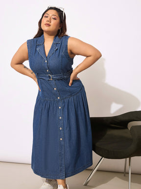 Navy Tencel Front Open Sleeveless Flared Dress-SASSAFRAS Curve