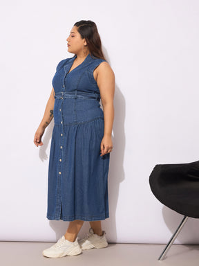 Navy Tencel Front Open Sleeveless Flared Dress-SASSAFRAS Curve