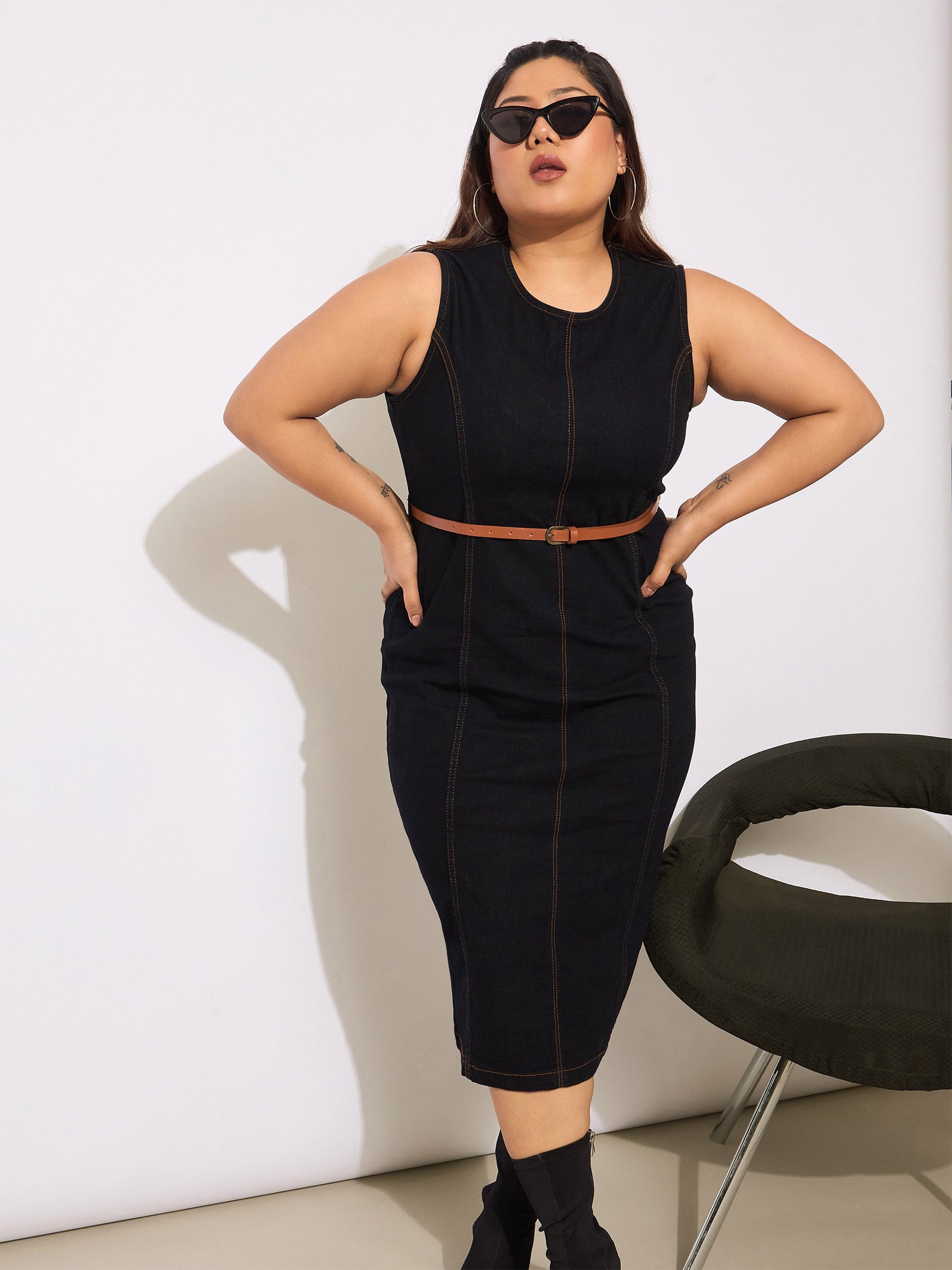 Black Denim Sleeveless Belted Bodycon Dress-SASSAFRAS Curve