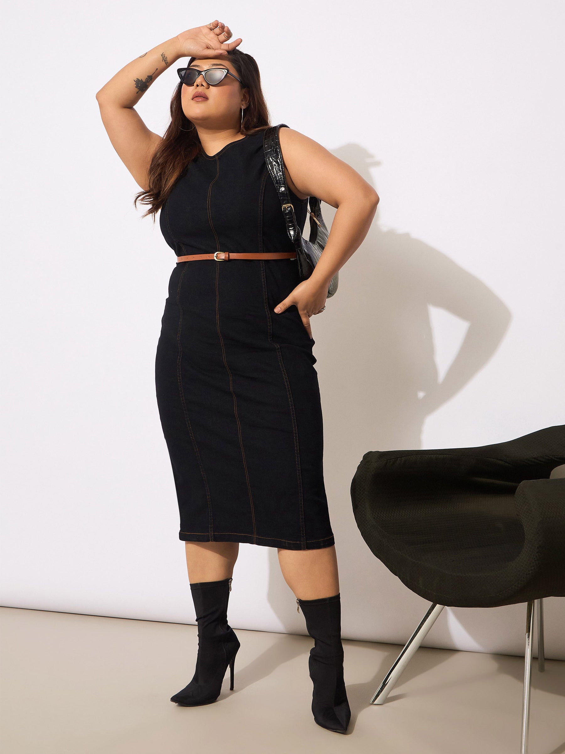 Black Denim Sleeveless Belted Bodycon Dress-SASSAFRAS Curve