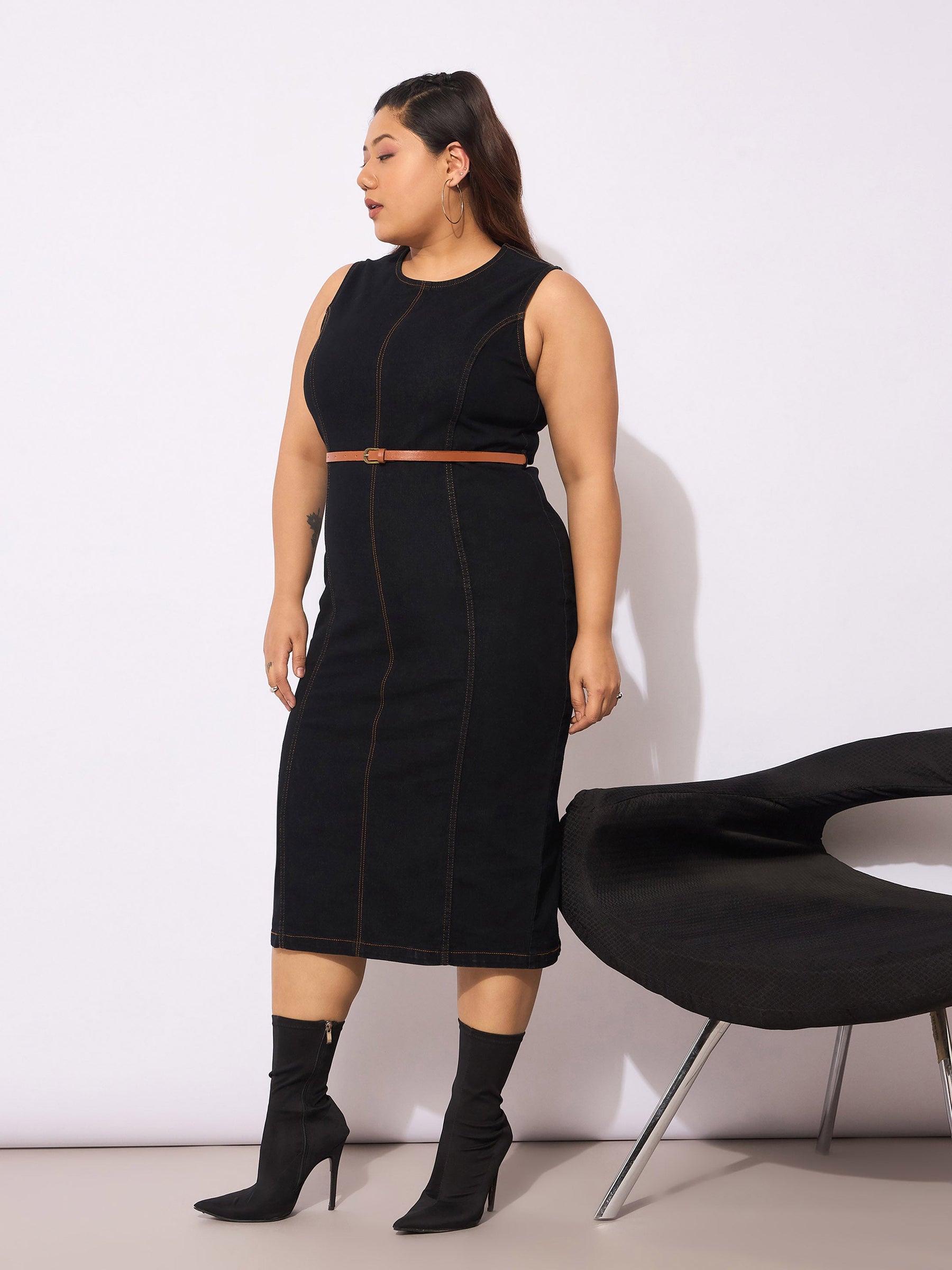 Black Denim Sleeveless Belted Bodycon Dress-SASSAFRAS Curve