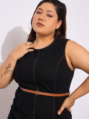 Black Denim Sleeveless Belted Bodycon Dress-SASSAFRAS Curve