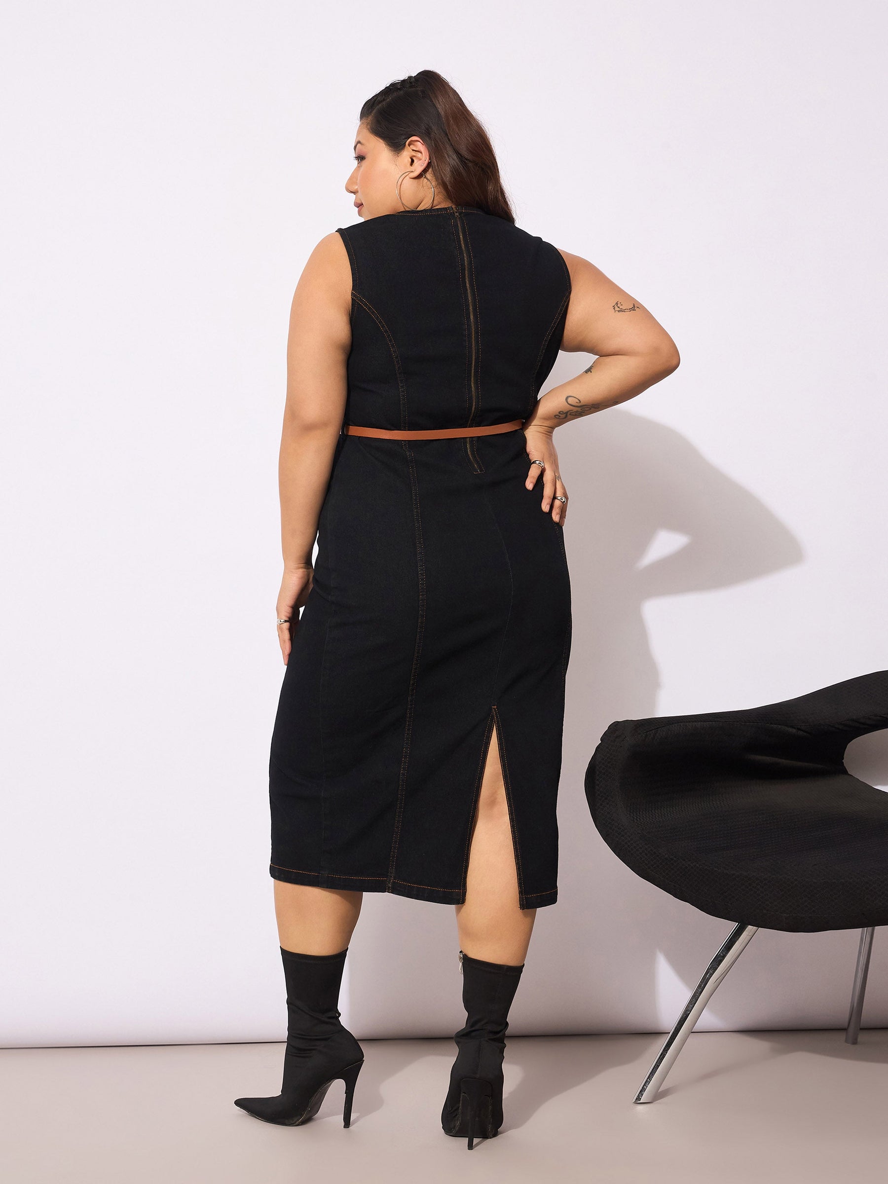 Black Denim Sleeveless Belted Bodycon Dress-SASSAFRAS Curve