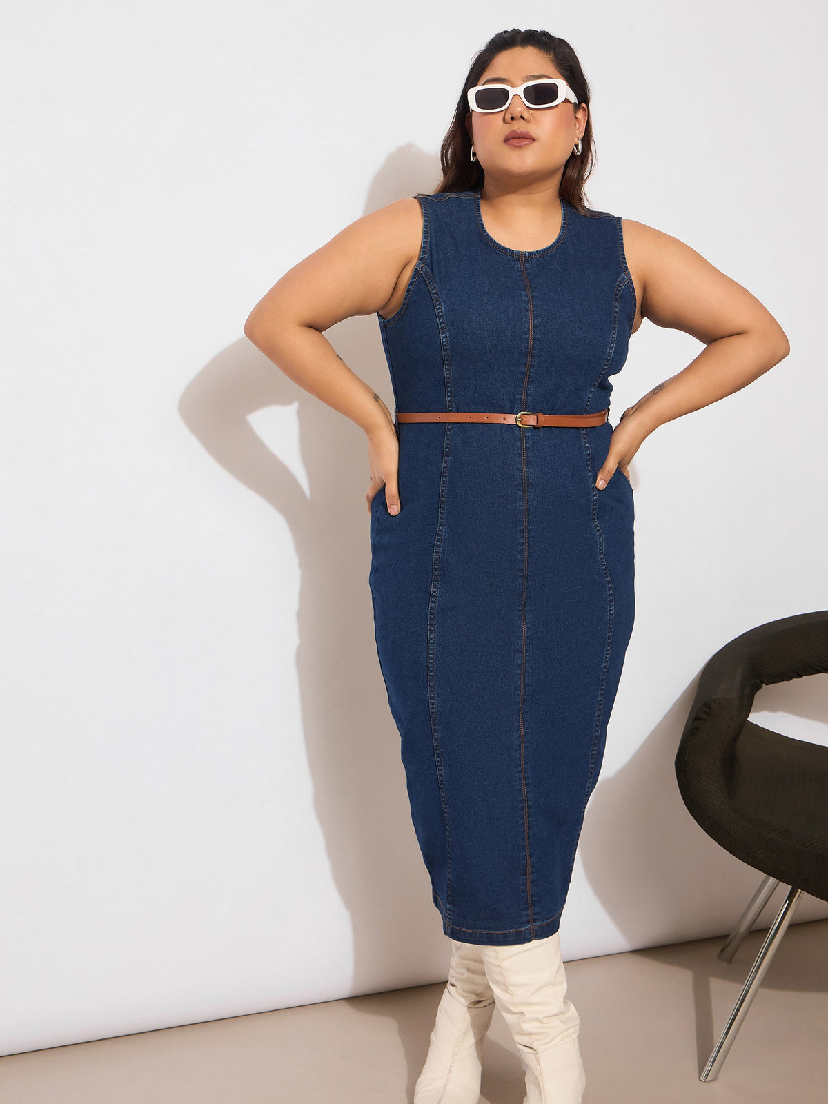 Navy Denim Sleeveless Belted Bodycon Dress-SASSAFRAS Curve