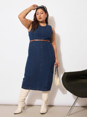 Navy Denim Sleeveless Belted Bodycon Dress-SASSAFRAS Curve