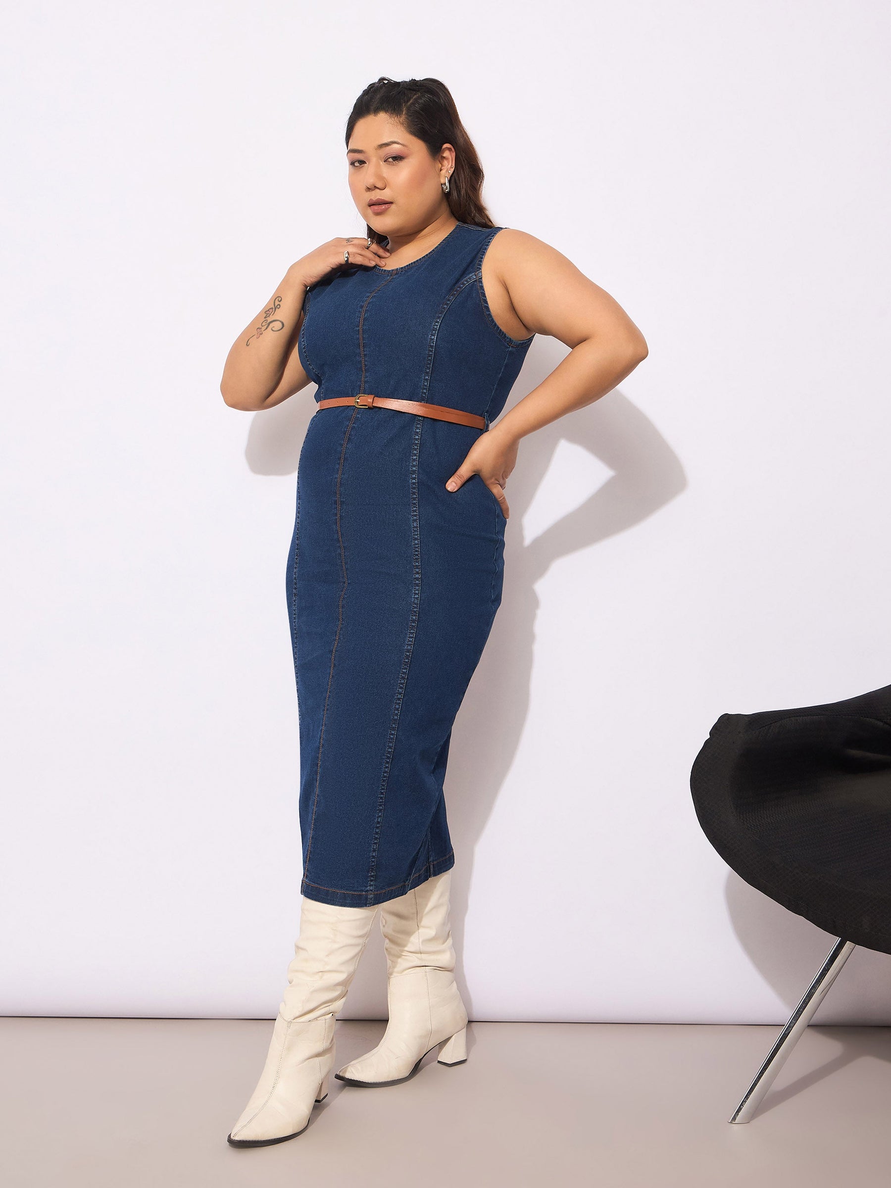 Navy Denim Sleeveless Belted Bodycon Dress-SASSAFRAS Curve