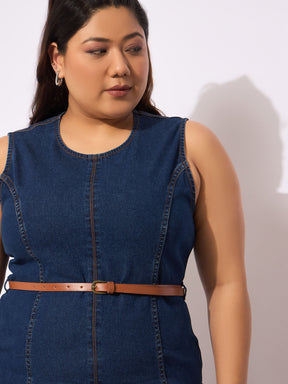 Navy Denim Sleeveless Belted Bodycon Dress-SASSAFRAS Curve