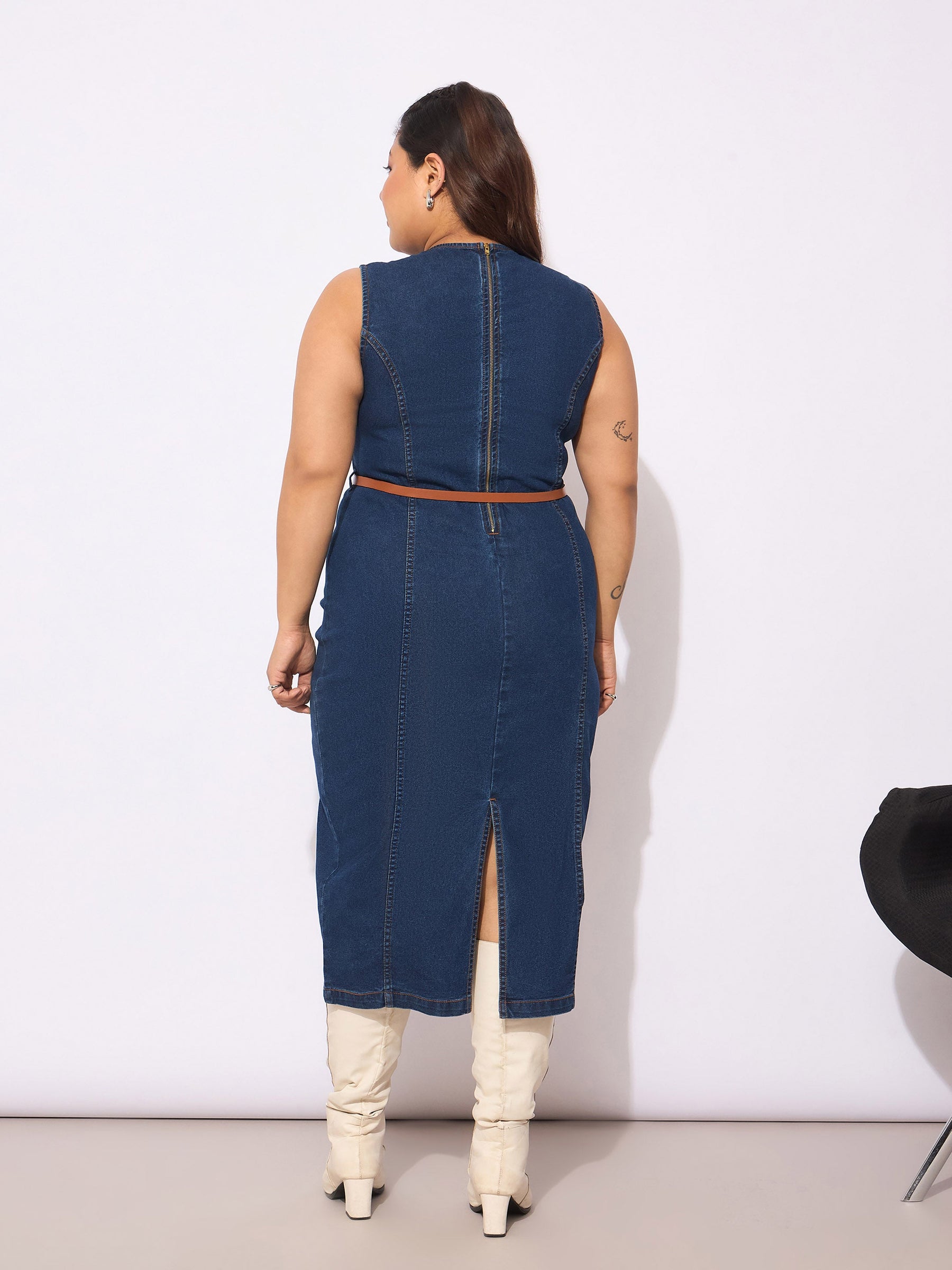 Navy Denim Sleeveless Belted Bodycon Dress-SASSAFRAS Curve