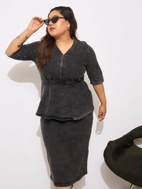 Black Denim V Neck Front Peplum Dress-SASSAFRAS Curve