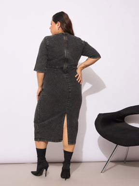 Black Denim V Neck Front Peplum Dress-SASSAFRAS Curve