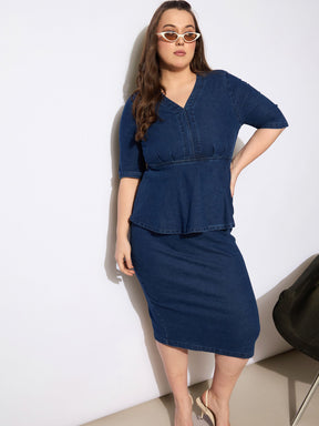 Blue Denim V Neck Front Peplum Dress-SASSAFRAS Curve