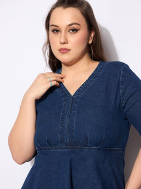 Blue Denim V Neck Front Peplum Dress-SASSAFRAS Curve