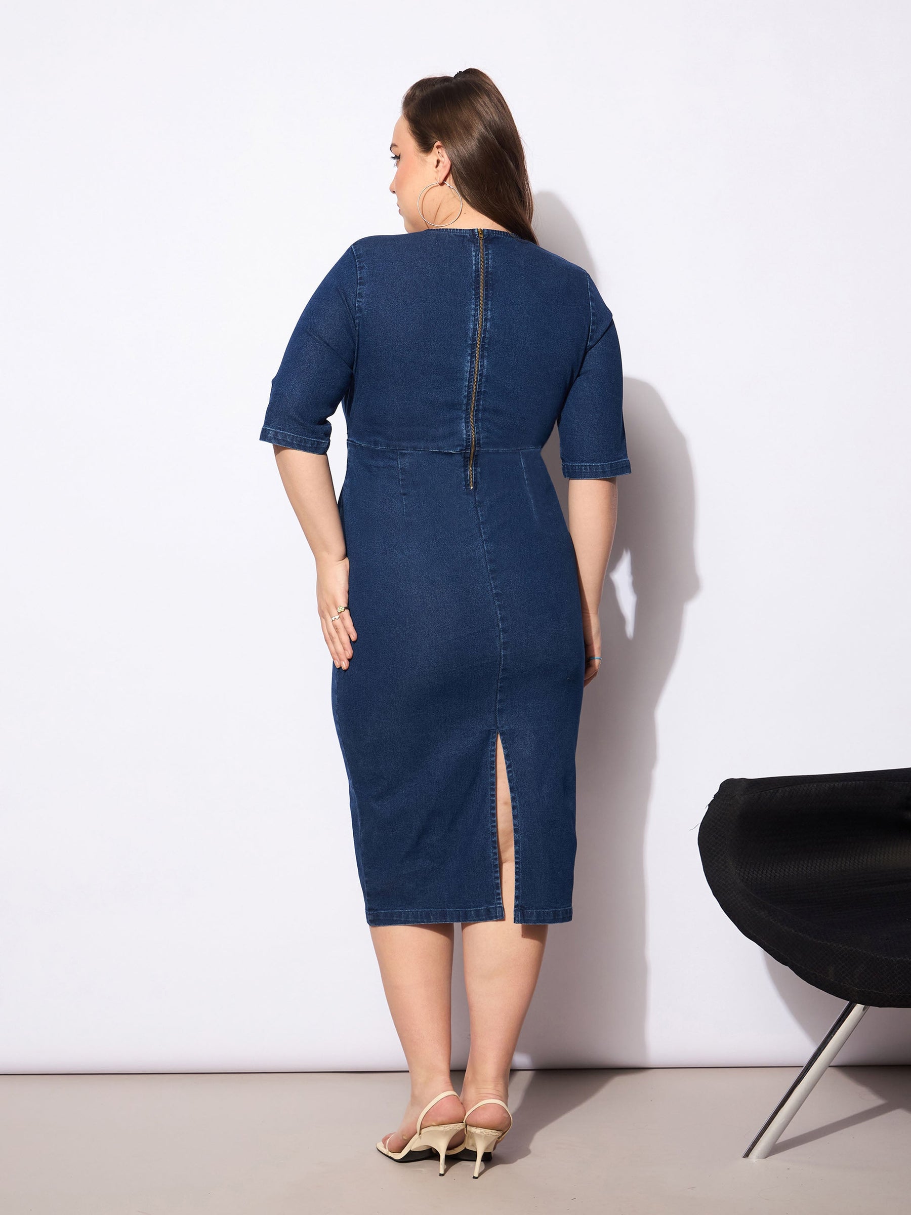 Blue Denim V Neck Front Peplum Dress-SASSAFRAS Curve