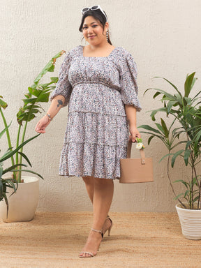 White Ditsy Floral Short Tired Dress-SASSAFRAS Curve