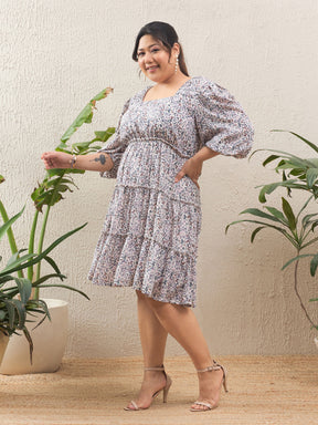 White Ditsy Floral Short Tired Dress-SASSAFRAS Curve