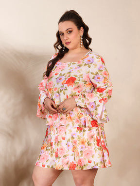 Beige Floral Full Sleeves Short Dress-SASSAFRAS Curve