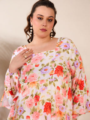 Beige Floral Full Sleeves Short Dress-SASSAFRAS Curve