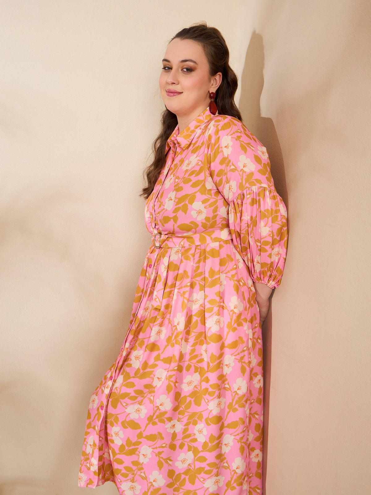 Pink Floral Collar Neck Midi Dress-SASSAFRAS Curve