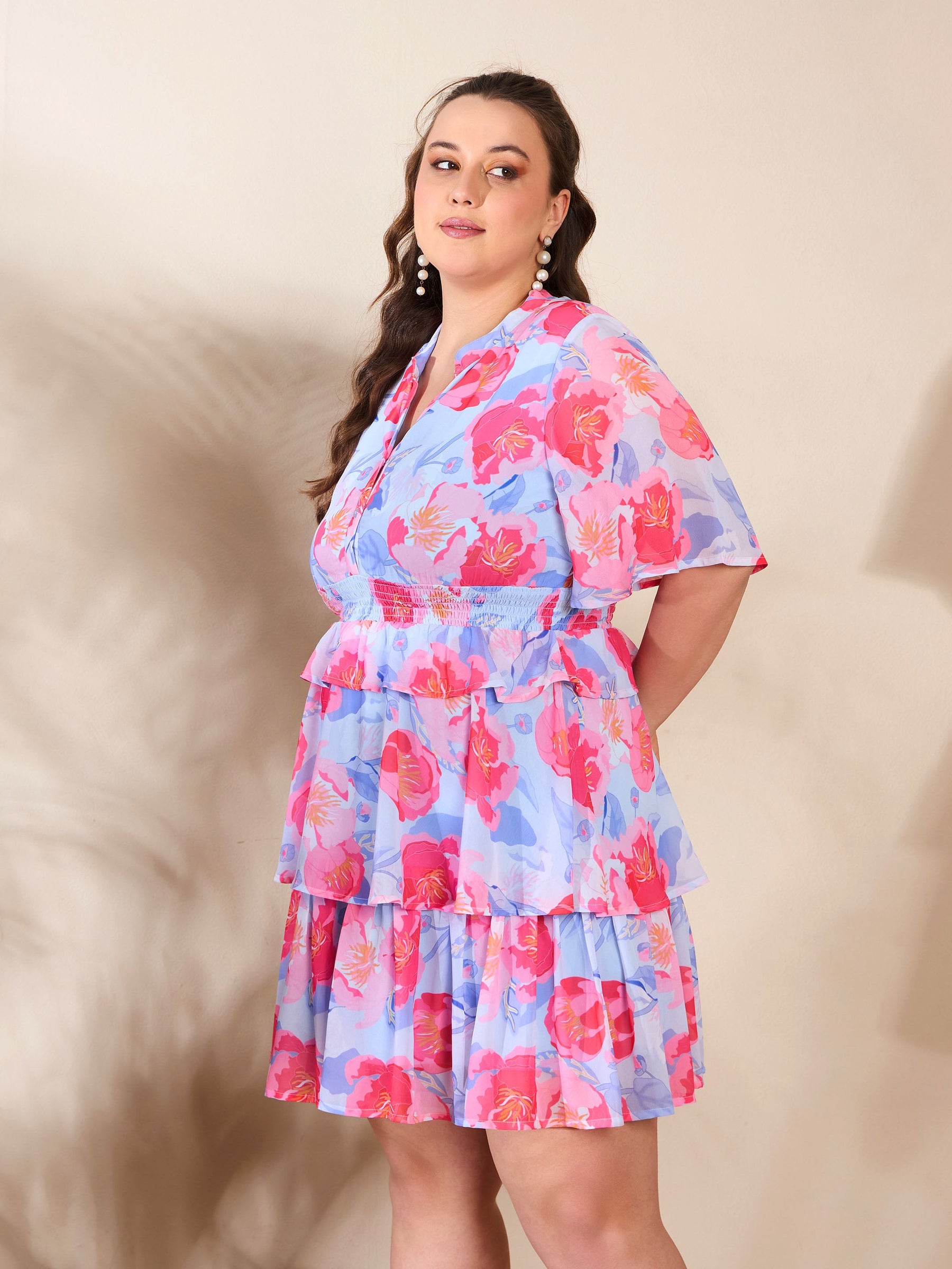 Blue Floral Tired Knee Length Dress-SASSAFRAS Curve