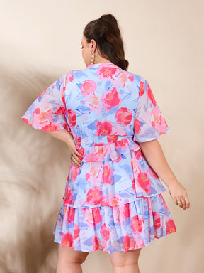 Blue Floral Tired Knee Length Dress-SASSAFRAS Curve