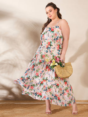 Beige Floral Strappy Tired Maxi Dress-SASSAFRAS Curve