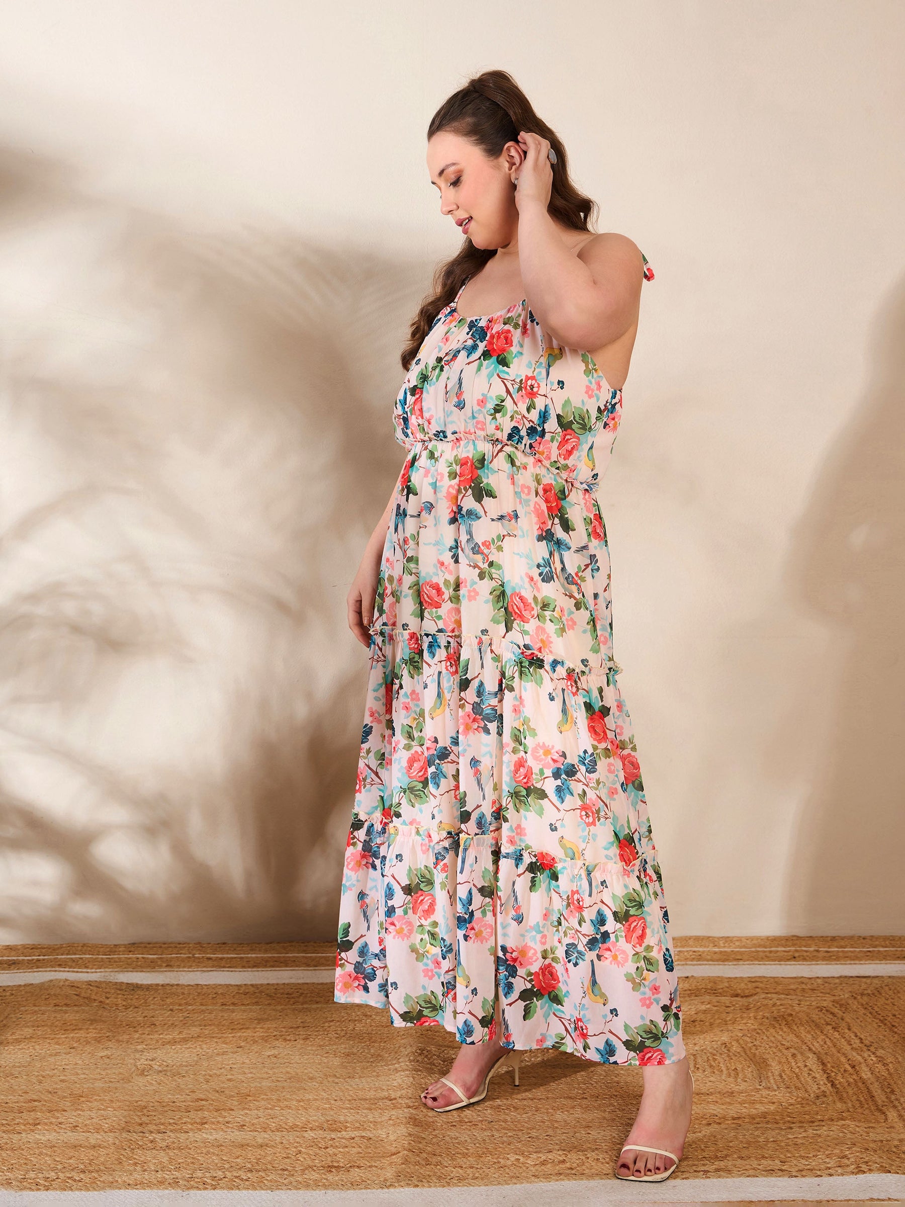 Beige Floral Strappy Tired Maxi Dress-SASSAFRAS Curve