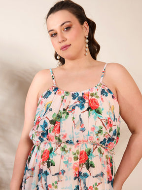 Beige Floral Strappy Tired Maxi Dress-SASSAFRAS Curve