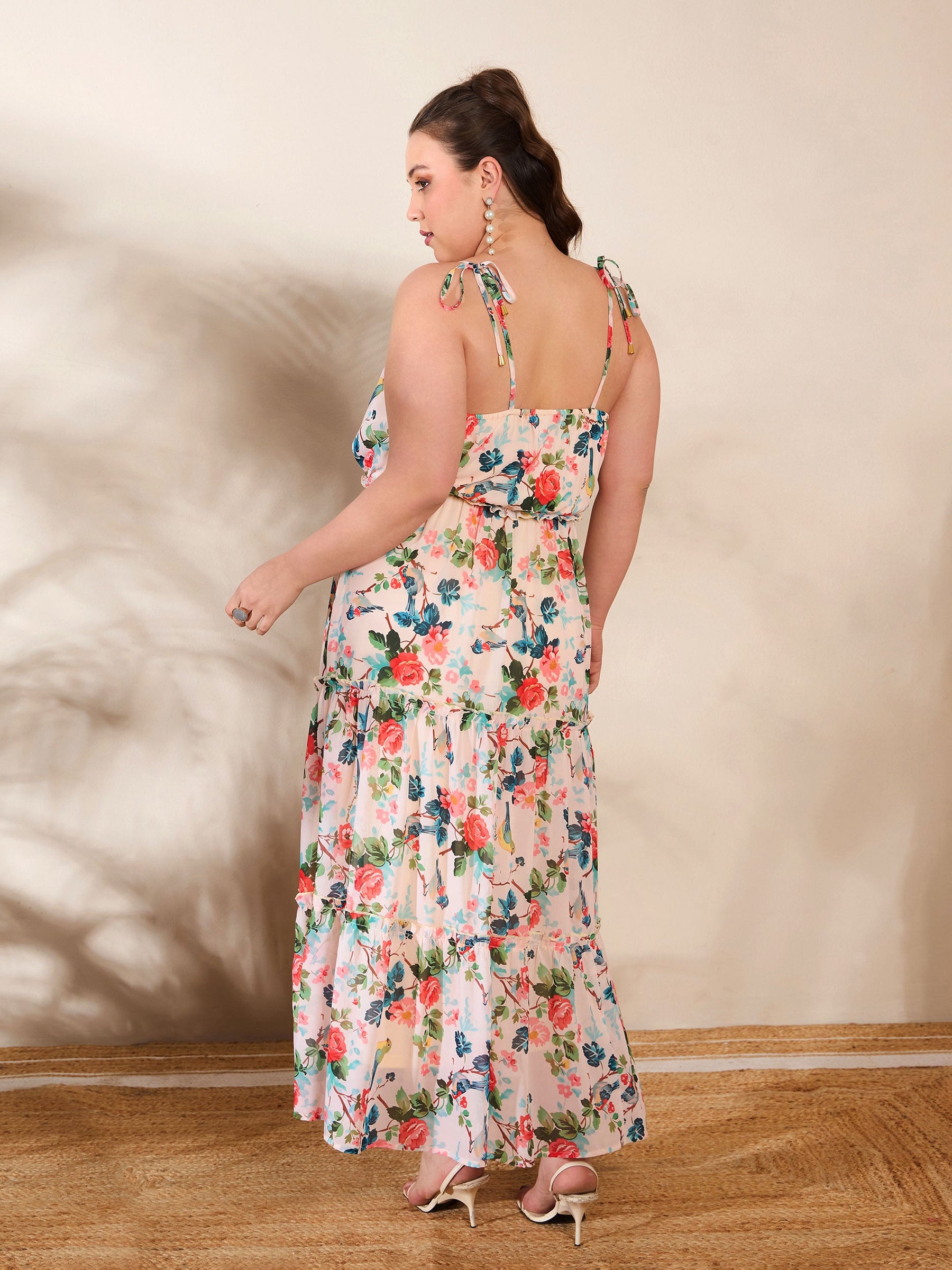 Beige Floral Strappy Tired Maxi Dress-SASSAFRAS Curve