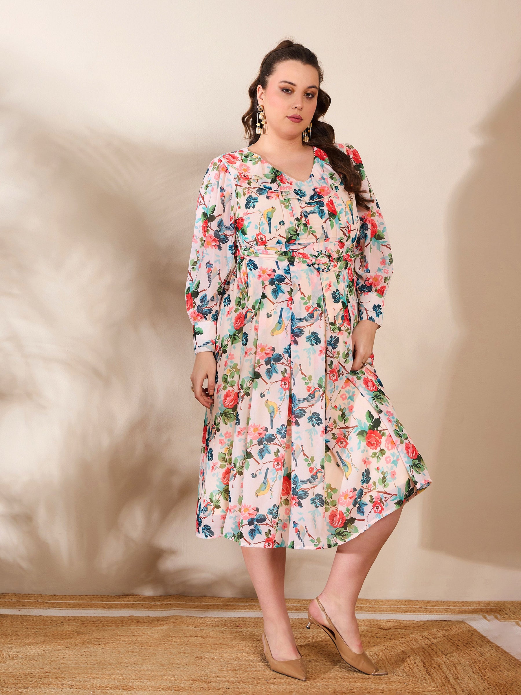 Beige Floral Frill Neck Midi Dress-SASSAFRAS Curve