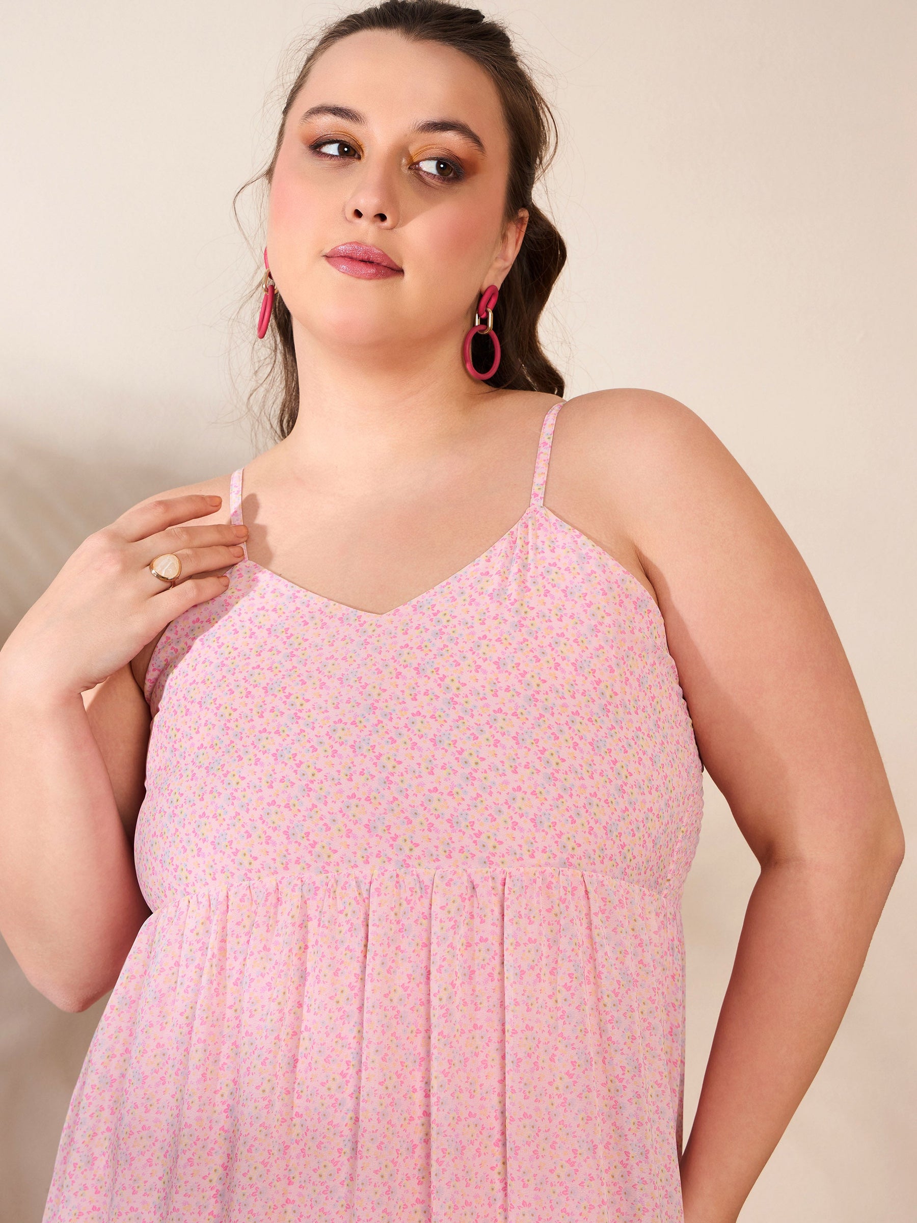 Pink Ditsy Floral Strappy Maxi Dress-SASSAFRAS Curve