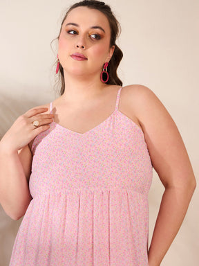 Pink Ditsy Floral Strappy Maxi Dress-SASSAFRAS Curve