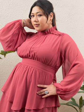 Rust Solid Frill Neck Short Dress-SASSAFRAS Curve