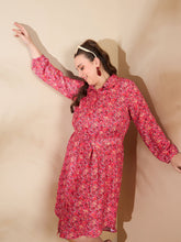 Red Floral Knee Length Shirt Dress-SASSAFRAS Curve