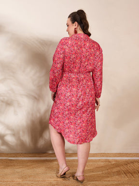 Red Floral Knee Length Shirt Dress-SASSAFRAS Curve