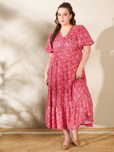 Red Floral V Neck Maxi Dress-SASSAFRAS Curve