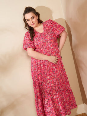 Red Floral V Neck Maxi Dress-SASSAFRAS Curve