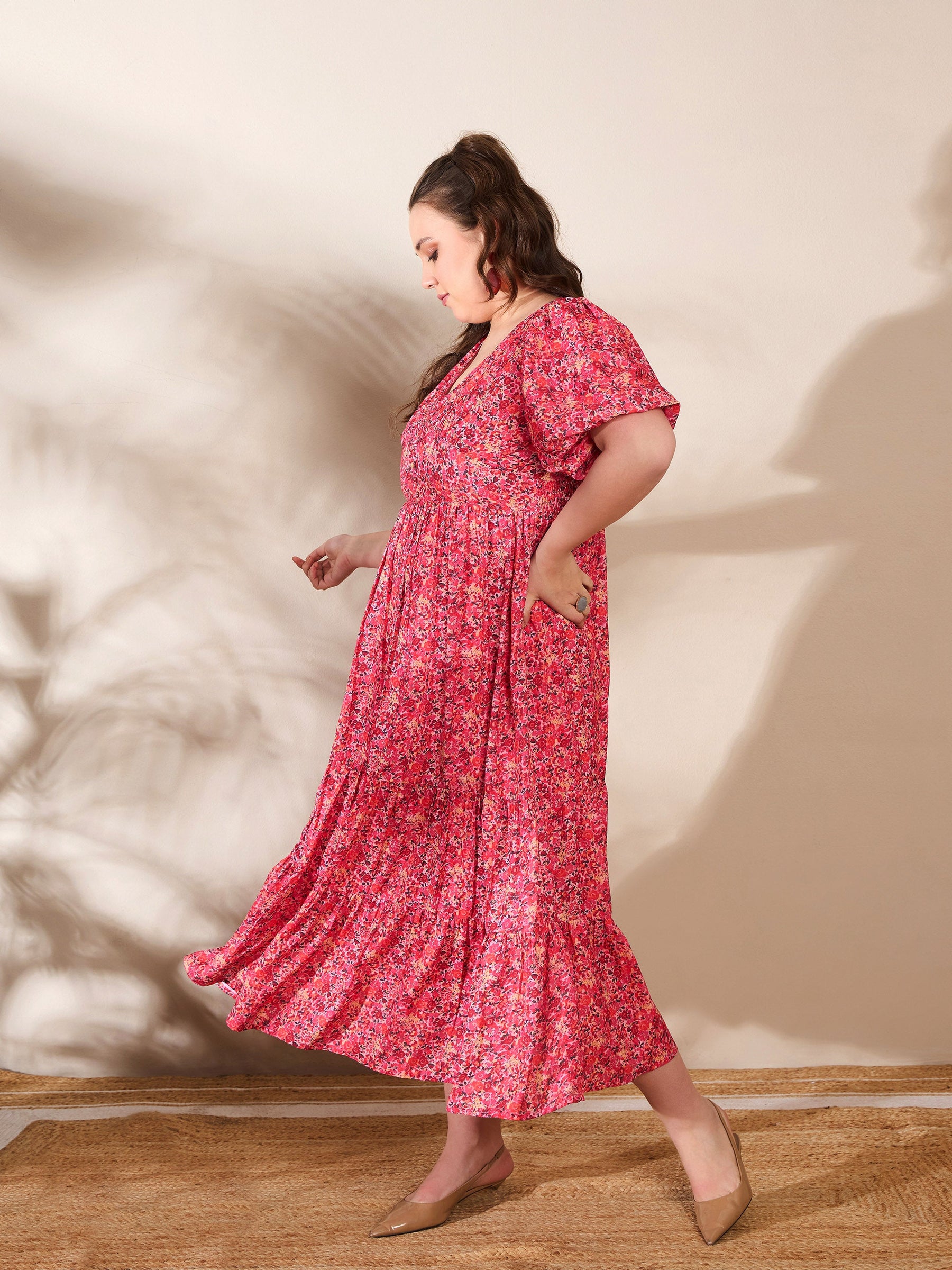 Red Floral V Neck Maxi Dress-SASSAFRAS Curve