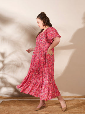 Red Floral V Neck Maxi Dress-SASSAFRAS Curve