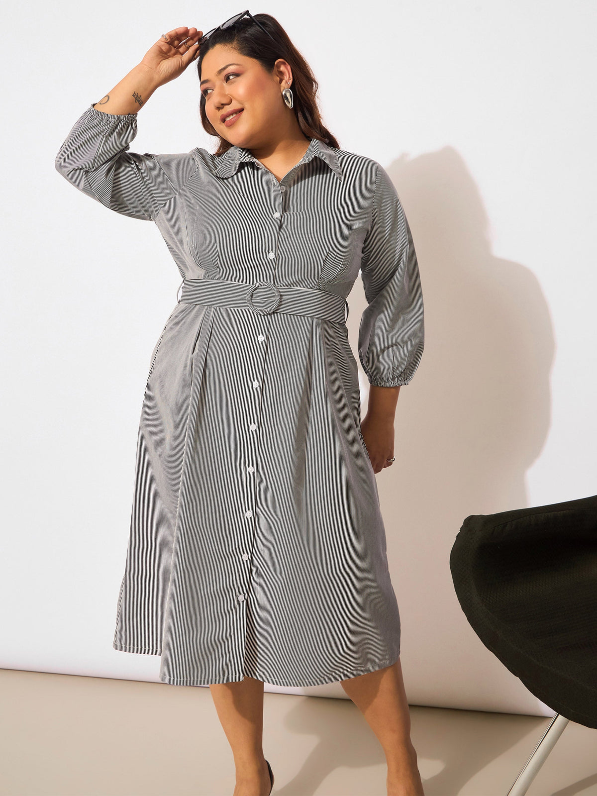 White & Black Pinstripes Belted Midi Shirt Dress-SASSAFRAS Curve