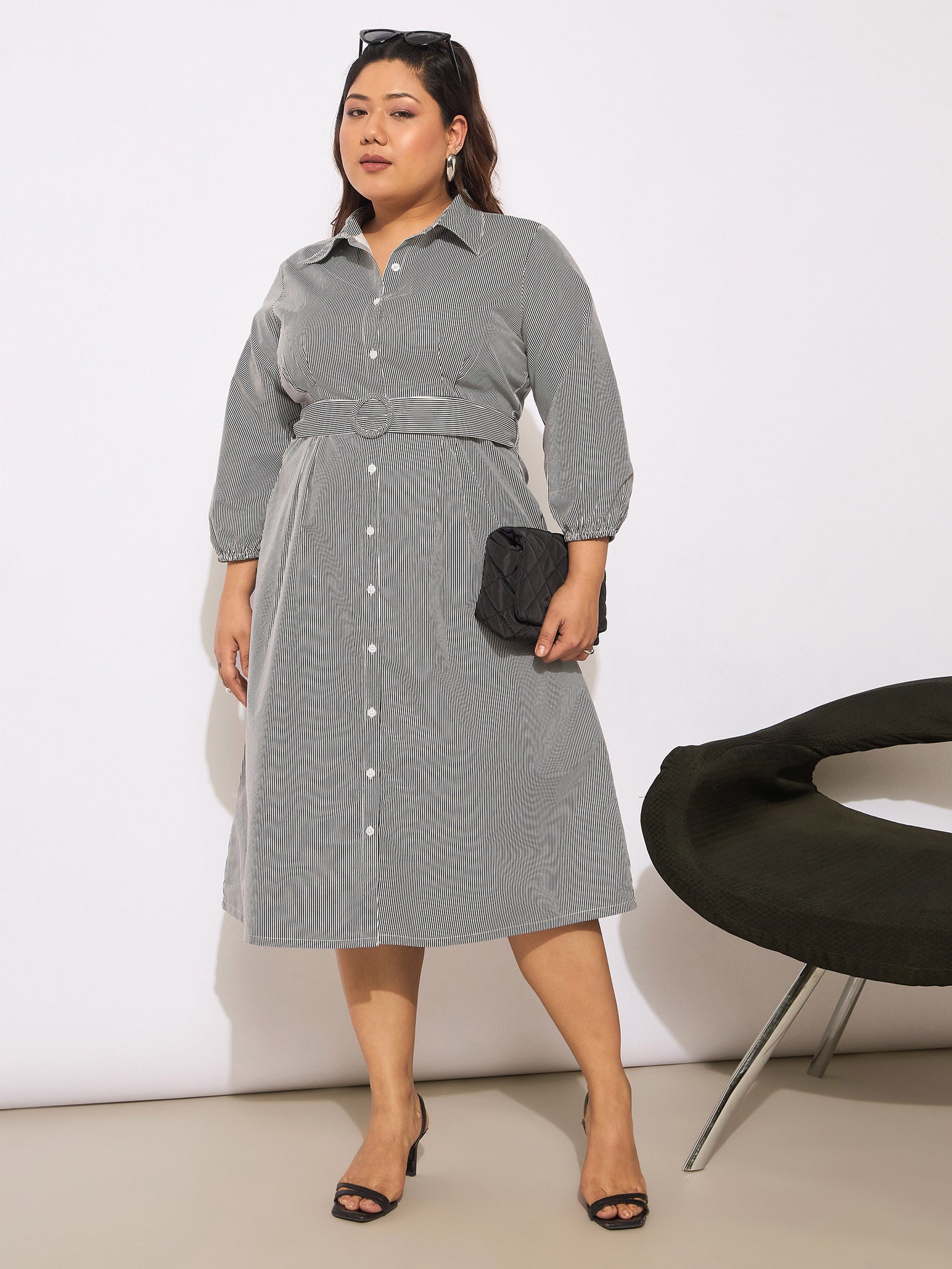 White & Black Pinstripes Belted Midi Shirt Dress-SASSAFRAS Curve