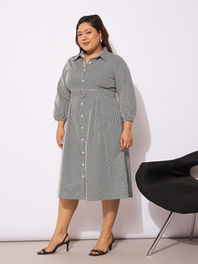 White & Black Pinstripes Belted Midi Shirt Dress-SASSAFRAS Curve