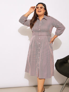 White & Red Pinstripes Belted Midi Shirt Dress-SASSAFRAS Curve