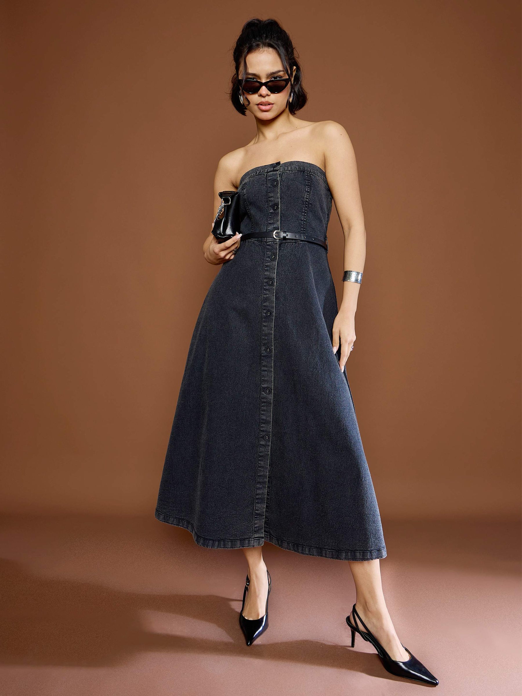 Buy Women Black Washed Denim Off Shoulder Dress Online at Best Price - Sassafras Buy Women Black Washed Denim Off Shoulder Dress Online at Best Price - Sassafras