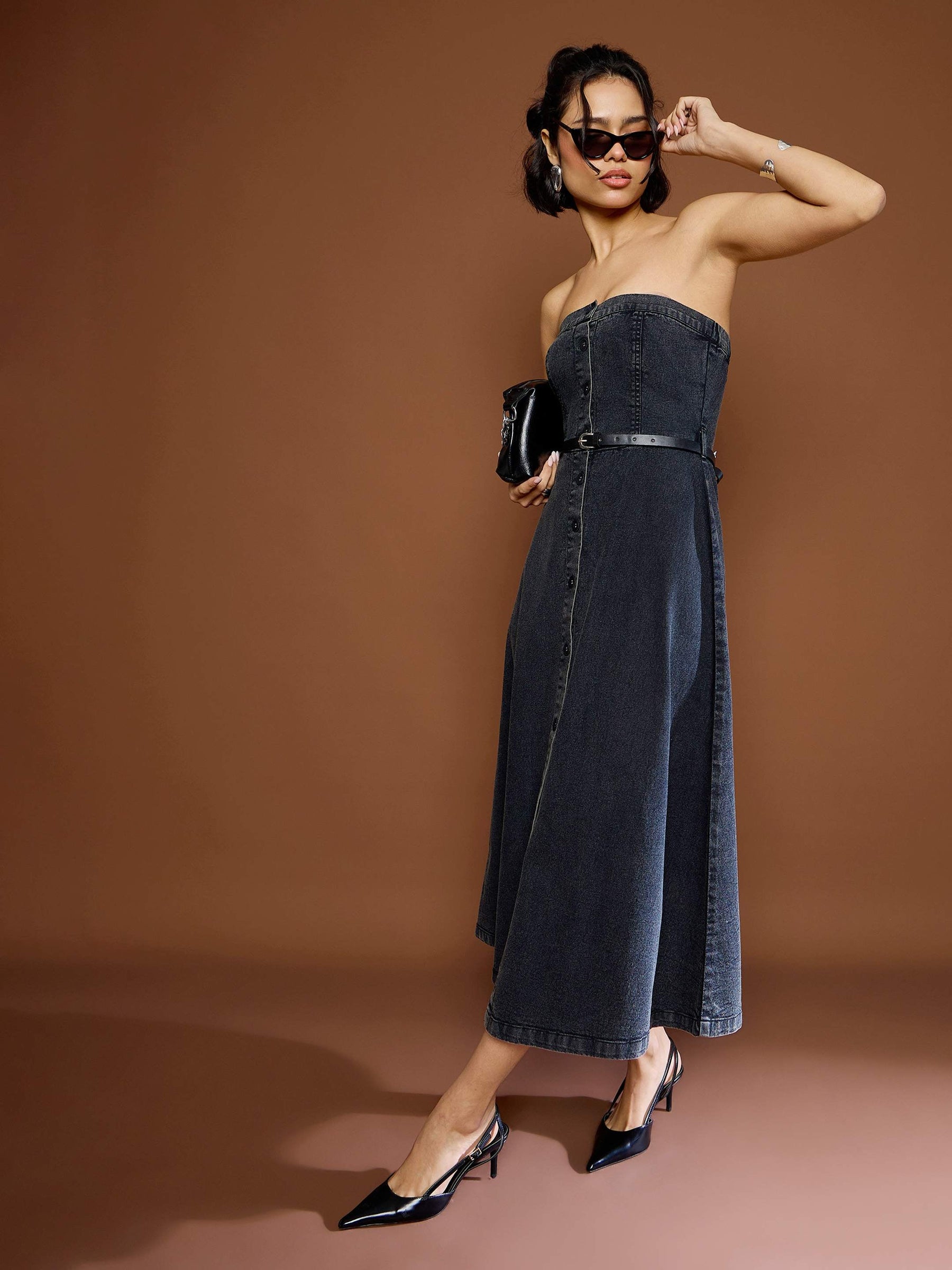 Black Washed Denim Off Shoulder Dress-SASSAFRAS