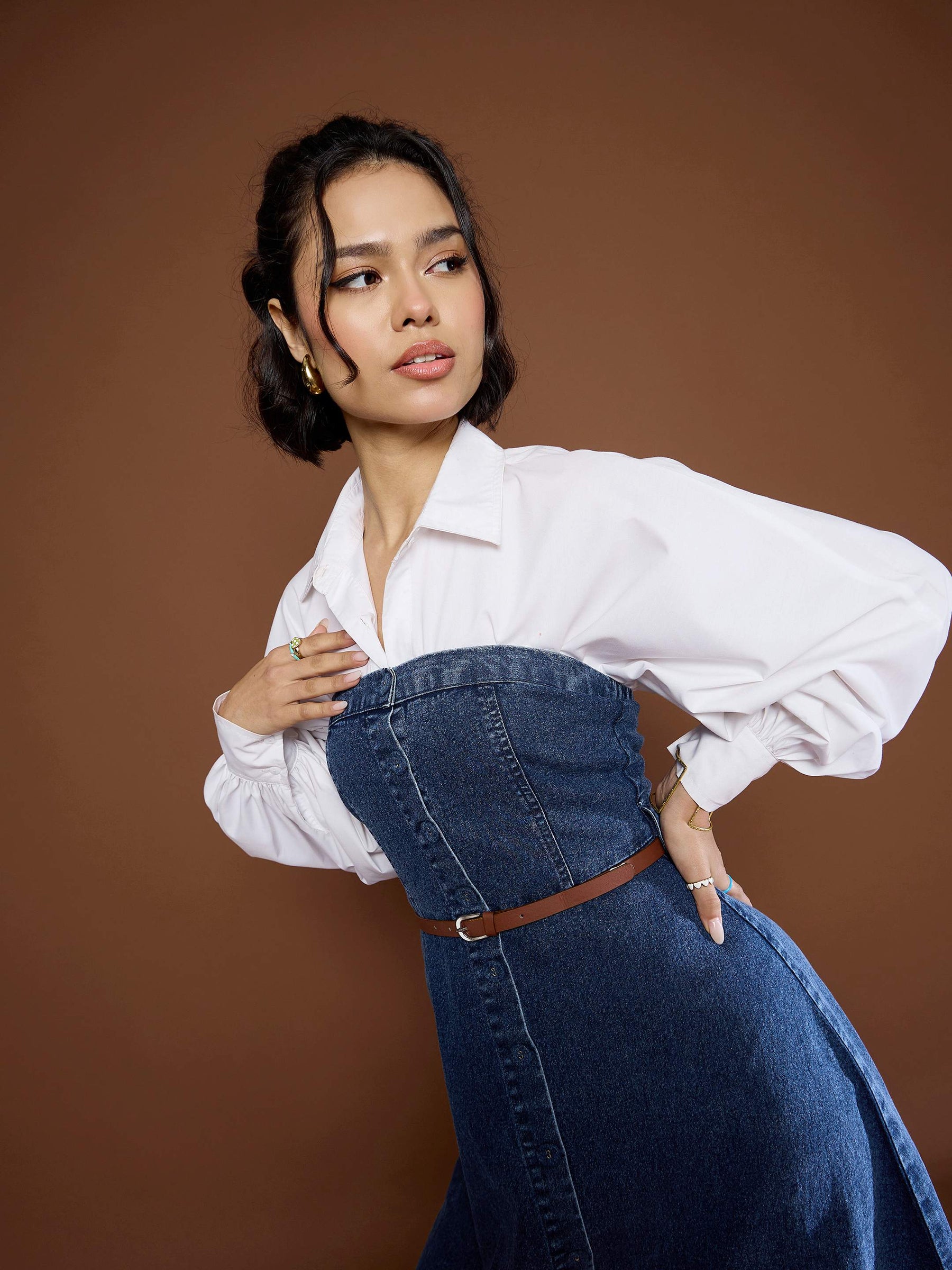 Women Blue Washed Denim Tube Dress - Main Image