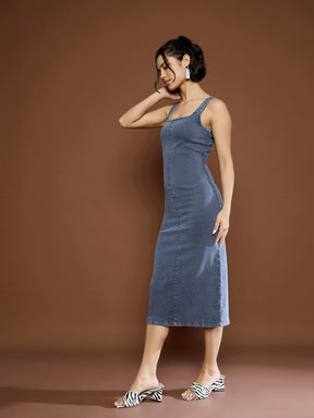 Blue Acid Wash Strappy Midi Dress-SASSAFRAS