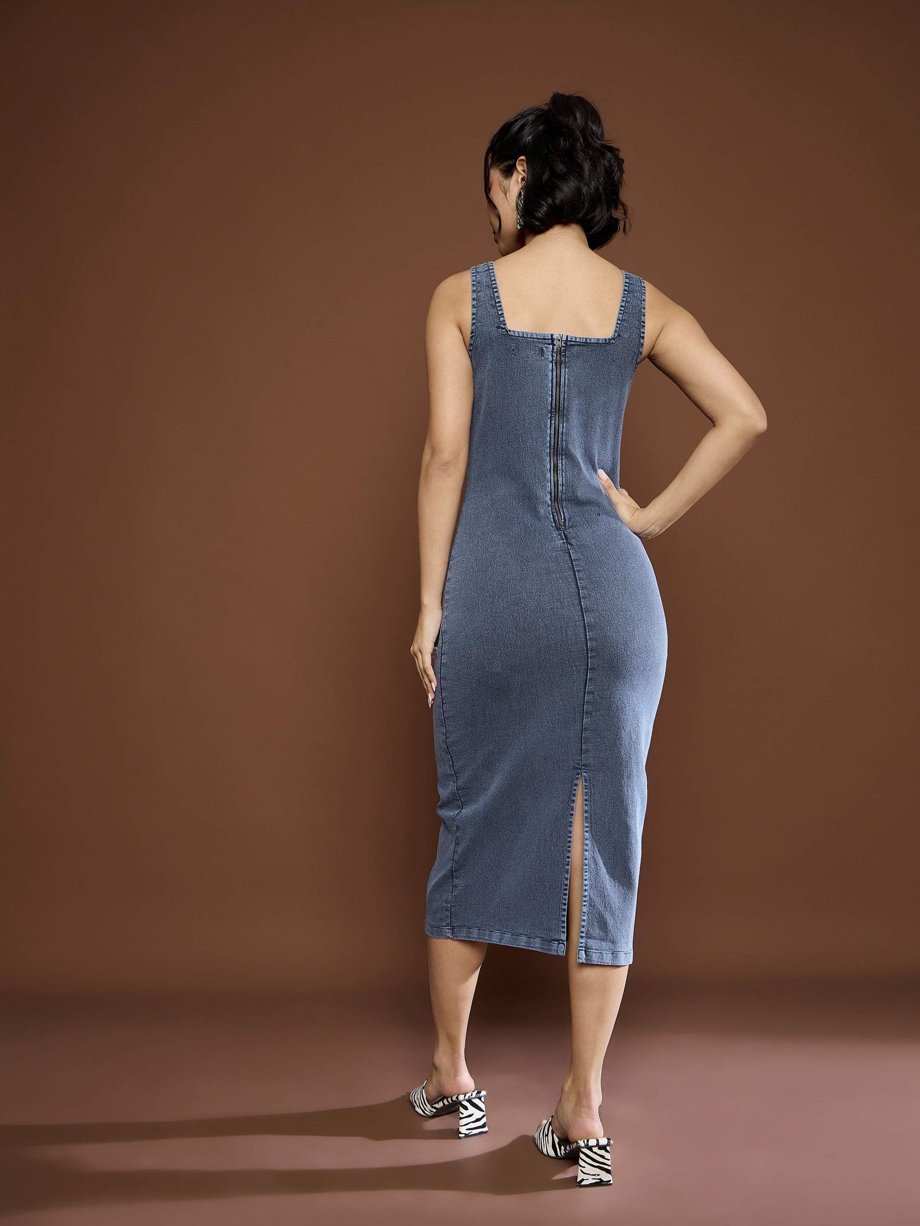 Blue Acid Wash Strappy Midi Dress-SASSAFRAS